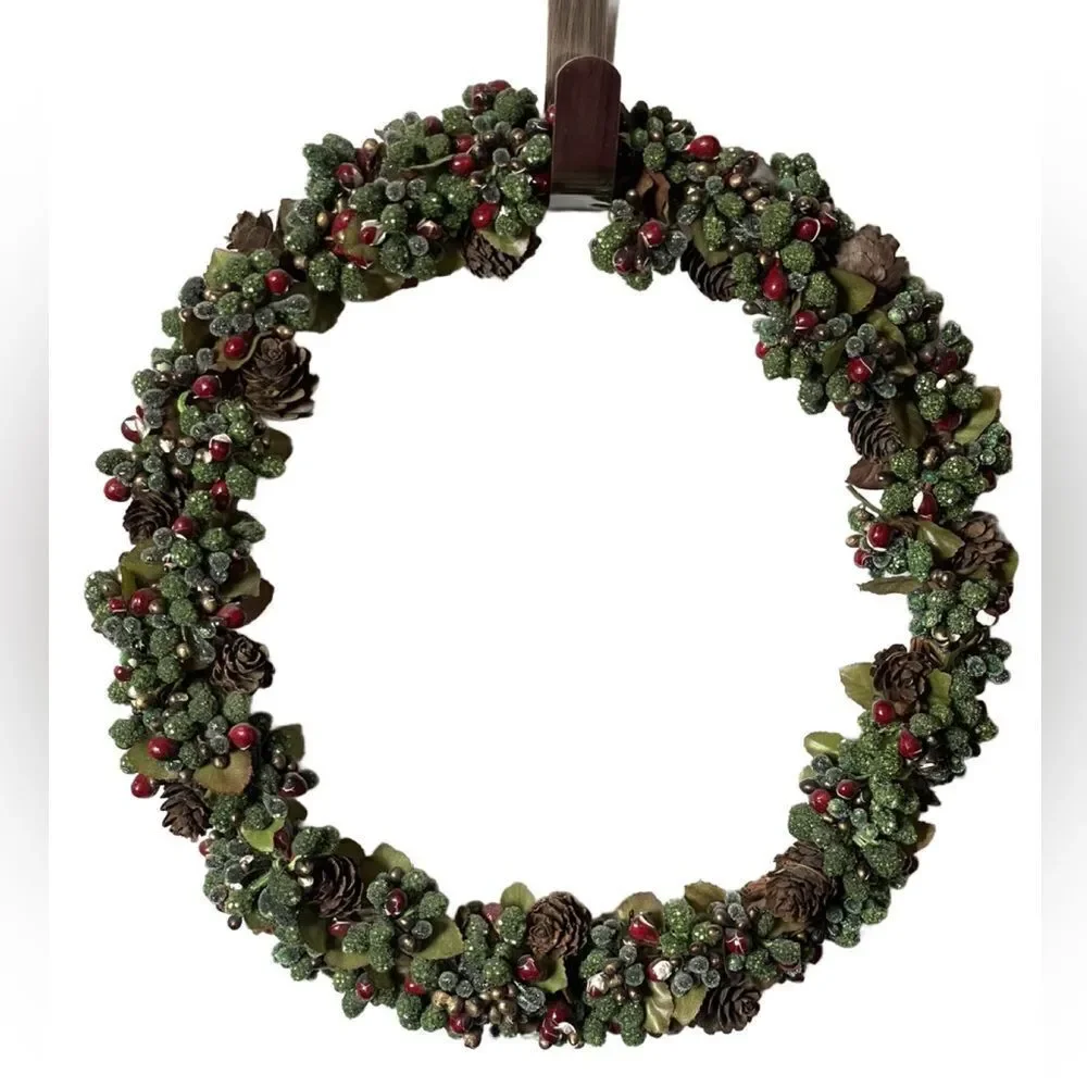 Christmas Wreath Shimmering Green w/Pinecones & Cranberries